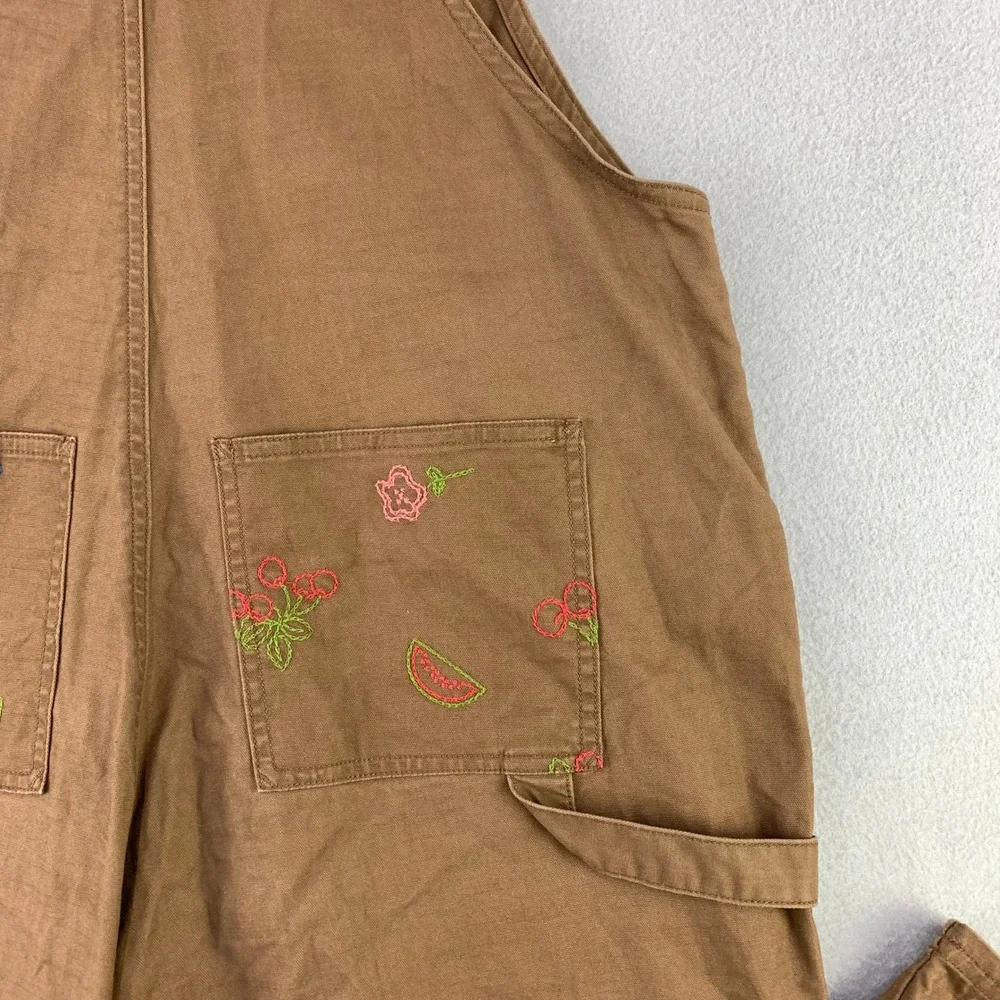 Toad&Co Juniper Utility Overalls Womens M Brown Canvas Fruit Embroidered Bibs